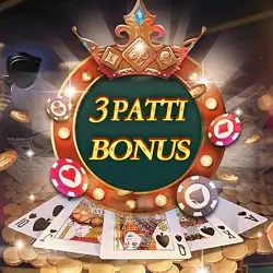 Illustration of a Teen Patti-themed bonus promotion showing playing cards, poker chips, and a glowing crown with the text "3 Patti Bonus" in the center.
