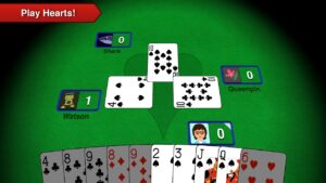 Group of friends playing a Hearts card game online on laptops and mobile devices without downloading
