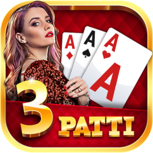 Teen Patti game icon featuring a confident woman holding three playing cards (Ace of Diamonds, Ace of Spades, Ace of Hearts) with bold “3 Patti” text on a red background.